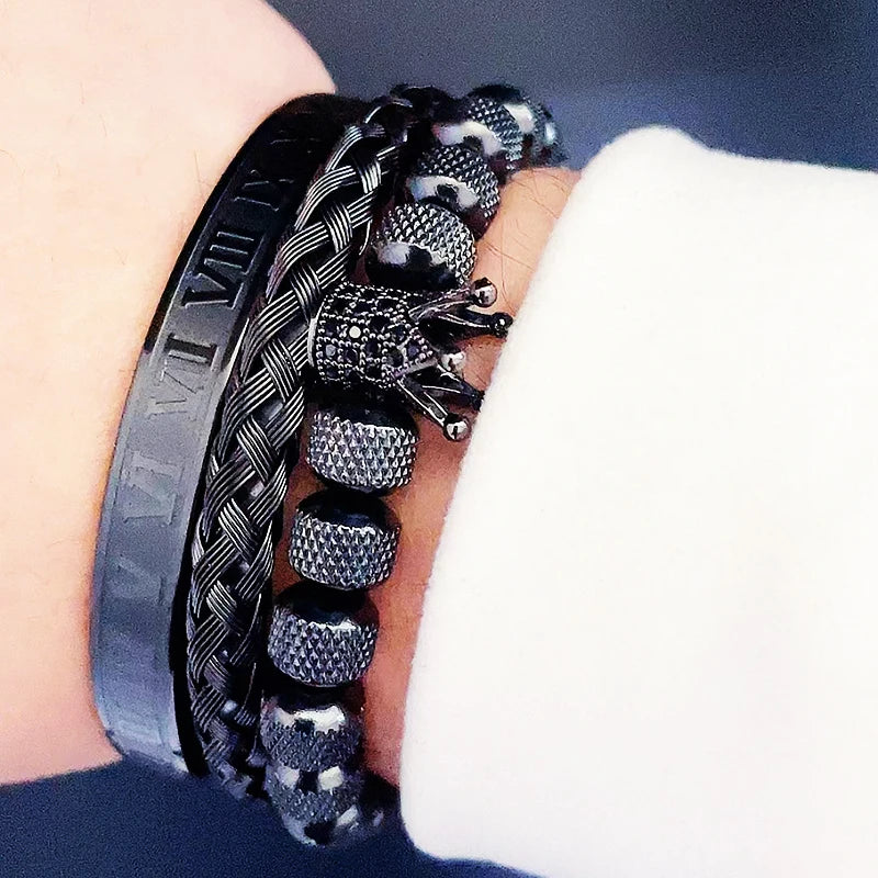 Luxury Set Crown Charms Man Bracelet Roman Stainless Steel